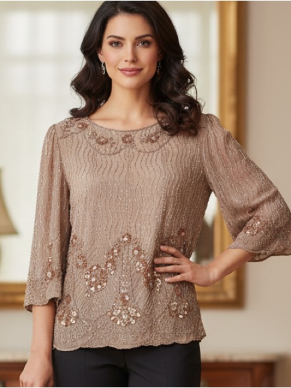 Vintage Oleg Cassini Rose Taupe Hand-Beaded Mesh Blouse – 100% Silk